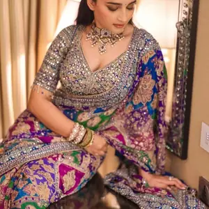 Multicolor Chinon Silk Saree With Mirror Work included unstitched blouse