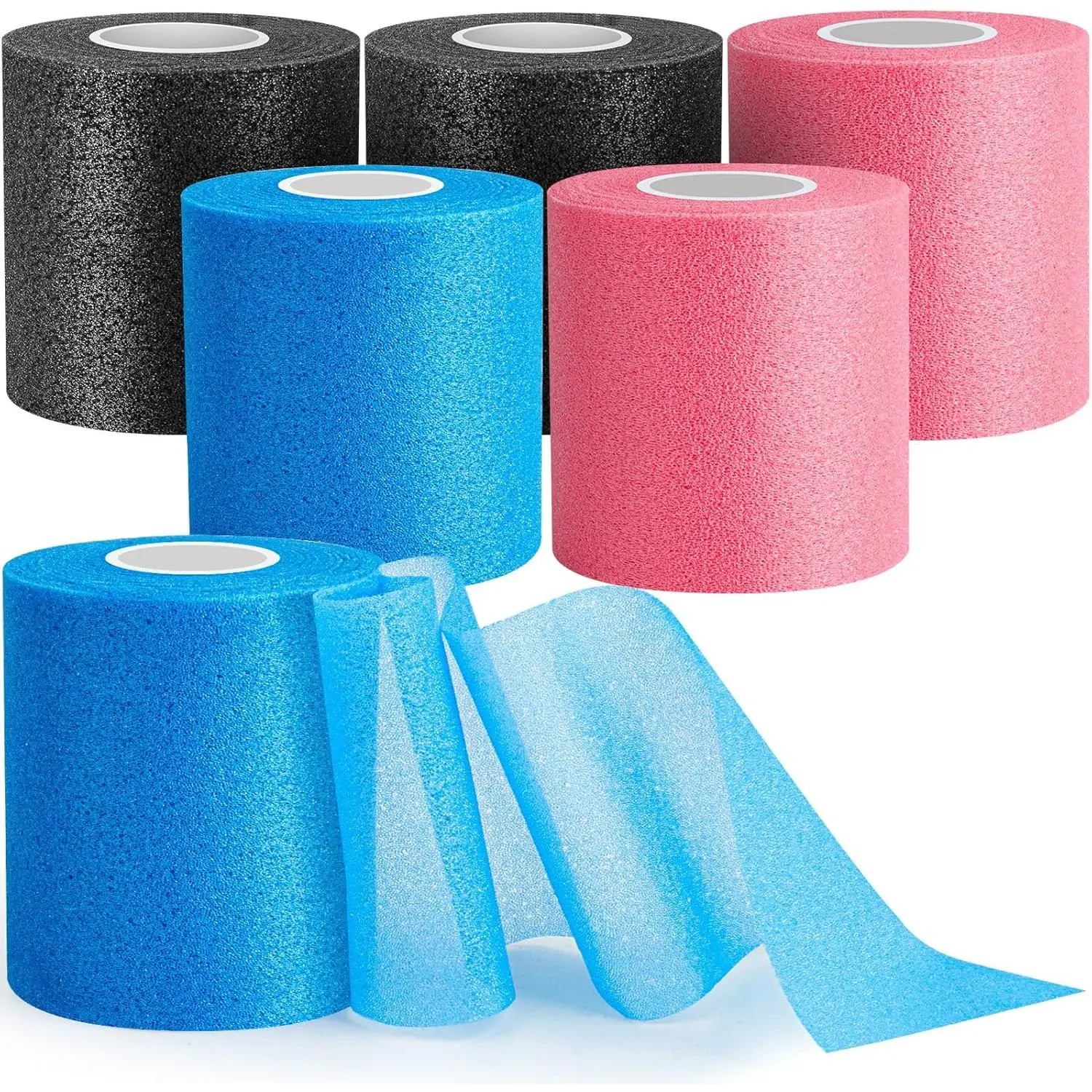 6 Pack Pre Wrap for Hair Soccer, Multi Color Athletic Prewrap Tape Headbands, Foam Sport Underwrap Pre-Wrap, 2.76 Inches X 12 Yards - Pink, Black, Blue