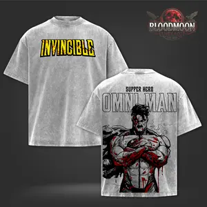 Omni-Man Invincible Blood Moon Graphic Vintage Washed Oversized Heavyweight Cotton T-Shirt Double Print Streetwear Unisex Superhero Anime Style Tee