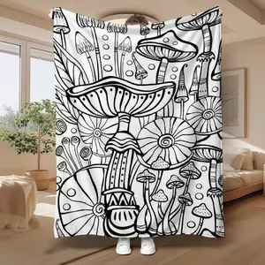 Colorable Mushroom Print Flannel Blanket - Flannel Fabric, Retro Look, Soft Texture, Multi-Functional for Camping, Ideal Gift for Family,summervibes