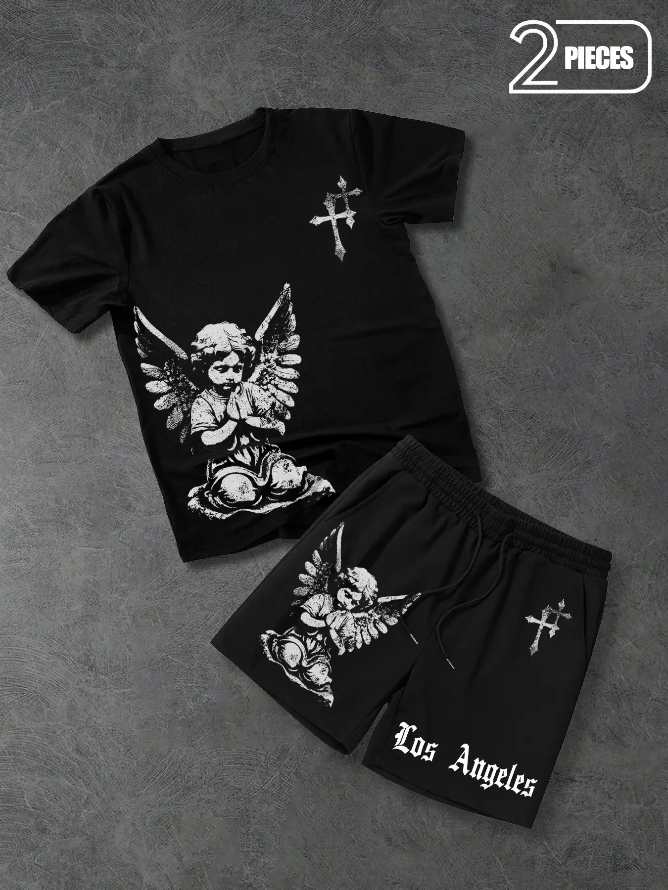 Men's 2-Piece Set, Gothic Angel Wing Cross Print Shorts & T-Shirt, Casual Fitted Style, Fitted Outfit Sets, Summer Streetwear, Urban Daily Wear, Menswear Clothes