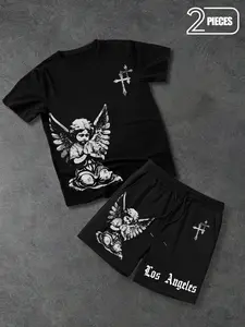 Men's 2-Piece Set, Gothic Angel Wing Cross Print Shorts & T-Shirt, Casual Fitted Style, Summer Streetwear, Urban Daily Wear
