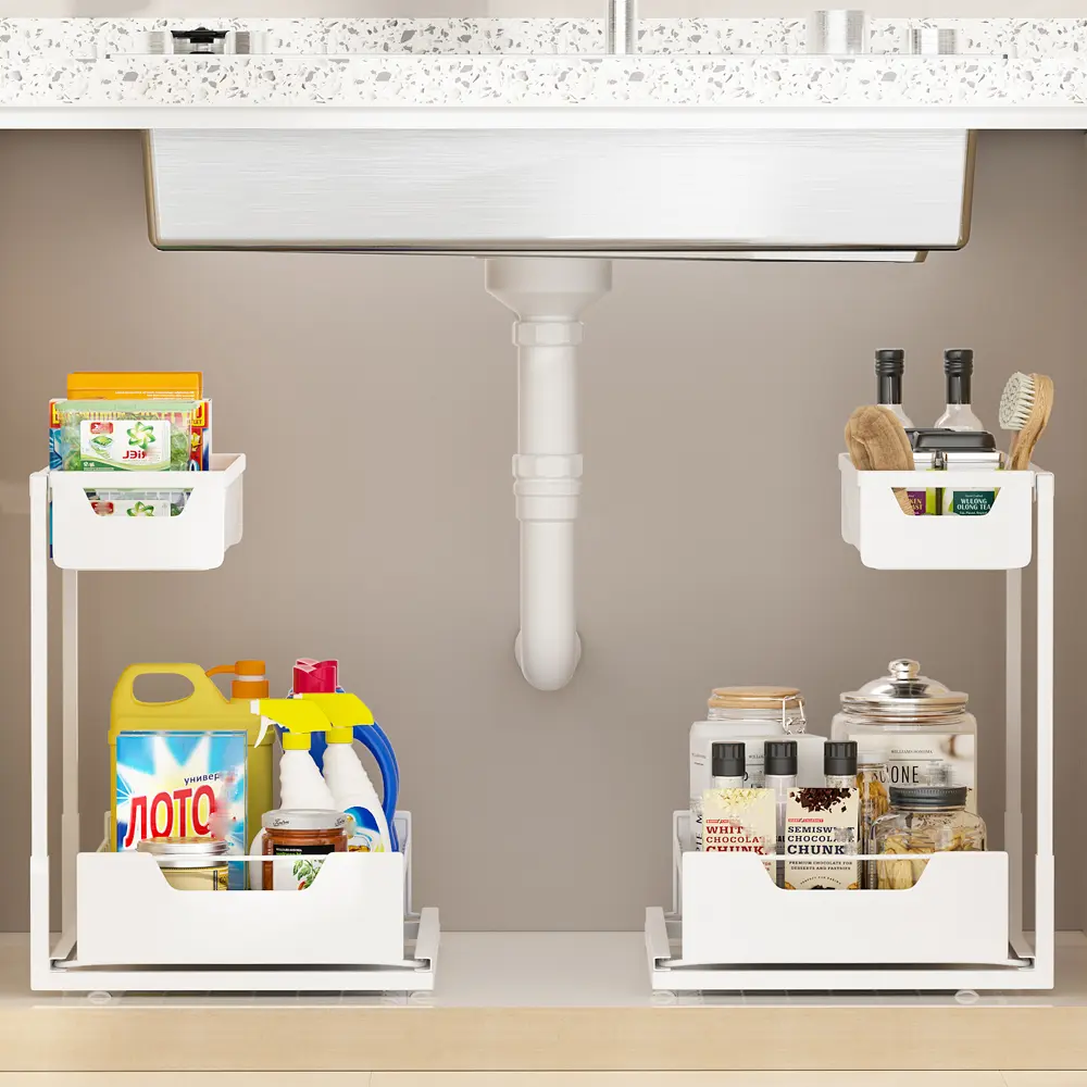 2PCS 2 Tier Under Sink Organizer Sliding Storage Drawer Kitchen Bathroom Cabinet Pull Out Cabinet Organizer Slide Out Sink Shelf & Cabinet Organizer Racks fantastic quality ascetically pleasing easy to install  Christmas gift