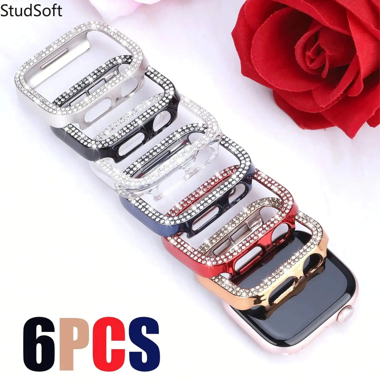 2026NEWPack of 6 Double-Row Sparkling Rhinestone Apple Watch Cases for Series 11, 10, 9, 8, 7, 6, 5, 4, and SE. Sparkling and Luxurious, These Protective Cases Feature a Blister Pack. Compatible with iWatch Sizes 46mm, 45mm, 44mm, 42mm, 41mm, and 40mm.
