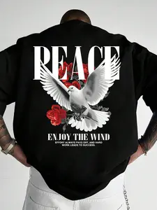 Men's Letter & Floral & White Dove Graphic Print Round Neck Tee, Regular Fit Casual Comfy Short Sleeve Crew Neck T-shirt for Summer, Fashion Men's Top for Daily Wear