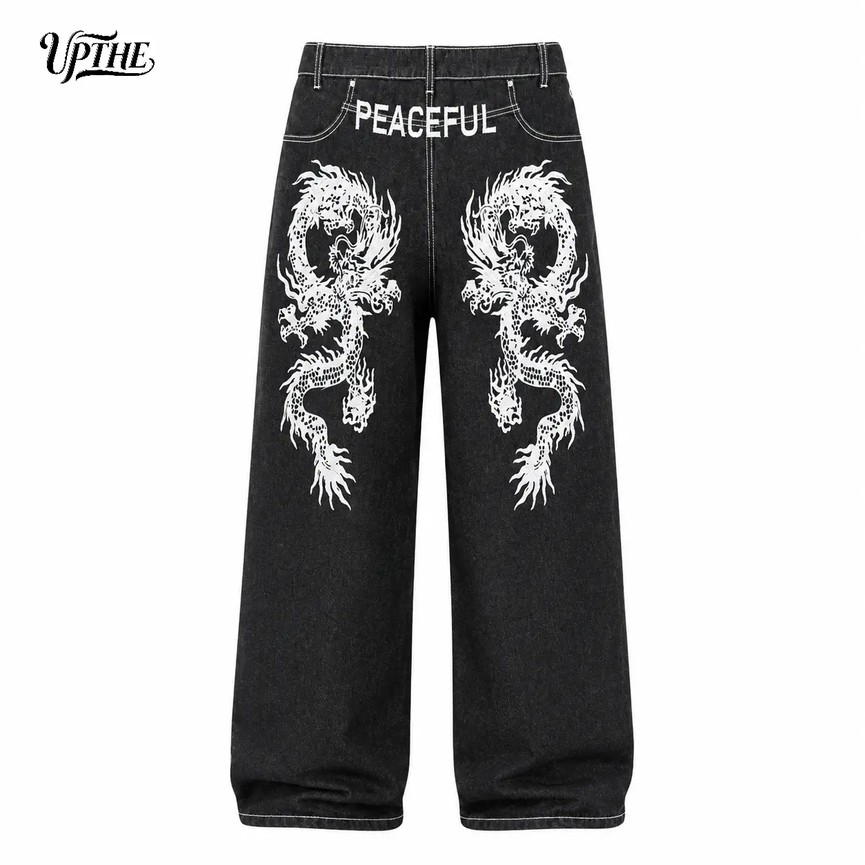 UP THE-Men's Y2K Dragon Print Baggy Jeans, Dark Wide Leg Hip Hop Streetwear Denim Pants, Vintage Oversized Loose Fit Skater Jeans with White Dragon Graphic Back Design for Teen Boys