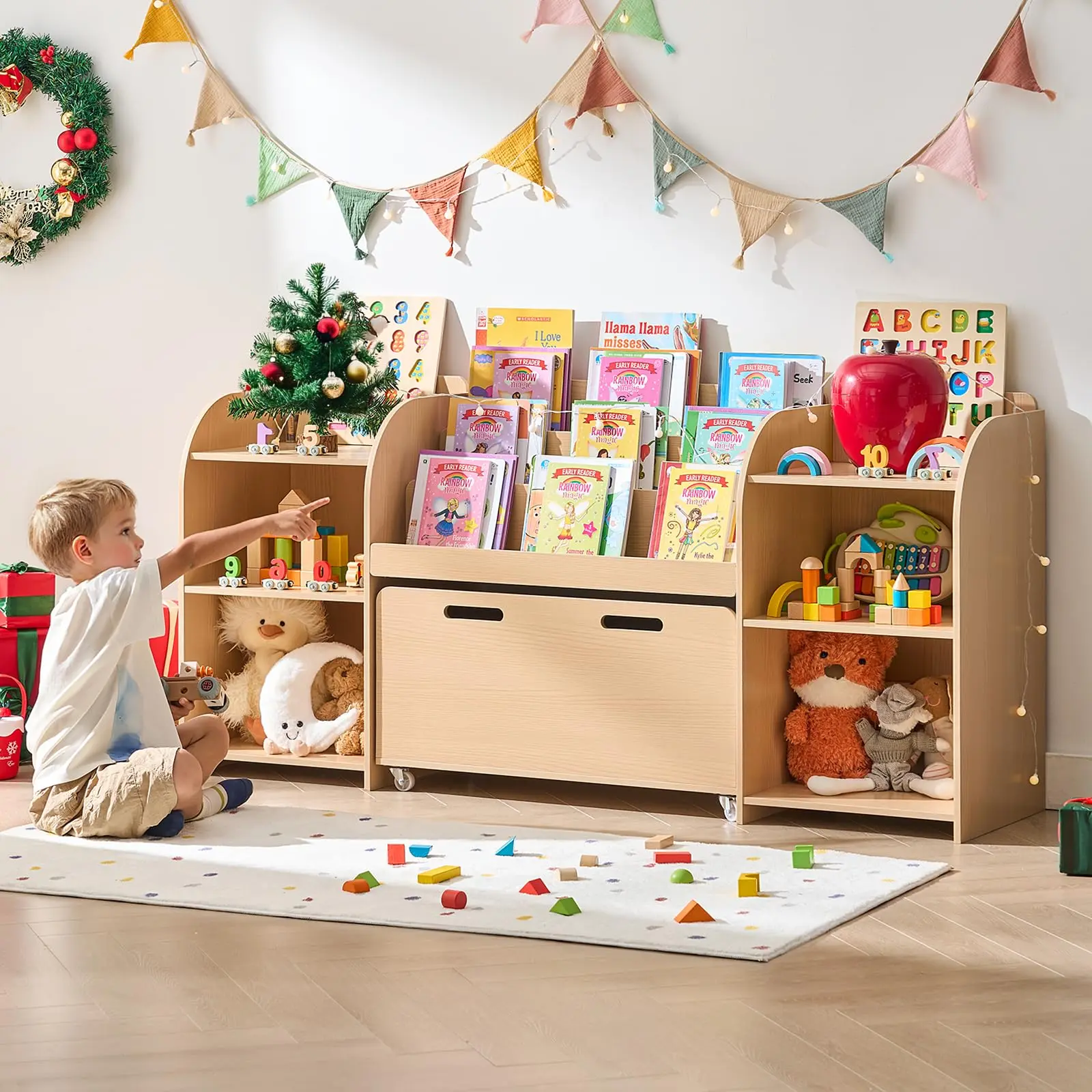 【SummerFinds】ONBRILL Kids Bookshelf with Reading Nook, 64.5" Toy Storage Organizer with Movable Bench with 3 Storage, Kids Bookcase with 3-Tier Bookshelf, 6 Storage Cubbies, Toy Box & Chest for Bedroom, Playroom【HolidayHaul】