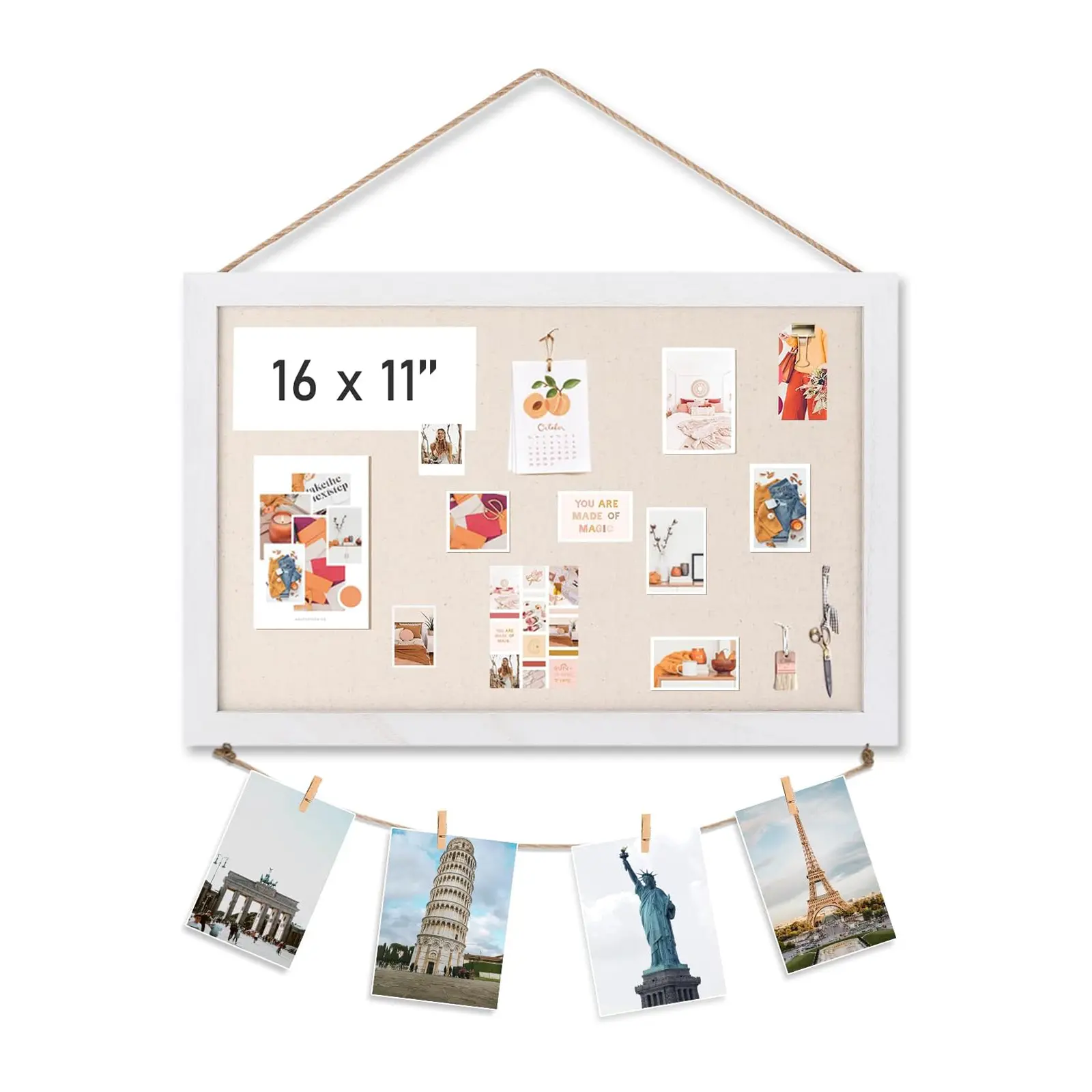 Cork Board Bulletin Board for Wall, Home Kitchen School Office Pin Display Board, 16 x 11 Inch White Solid Wood Frame Linen Surface, Small Wall Mounted Memo Notice Photo Vision Board with Linen Ropes and Wooden Clips