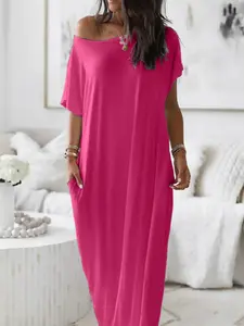 Women's Loose Fit Nightgown, Soft Comfortable Round Neck Sleepwear & Loungewear, Short Sleeve Batwing Sleeves, Casual Home Wear for All Seasons