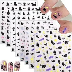 Black Cat Nail Art Stickers, 8 Sheets, Halloween Cat Nail Stickers,Cartoon Animal Self-Adhesive Nail Decals Supplies Cute Cartoon Manicure Sliders for Women Girls Nail Art Decorations