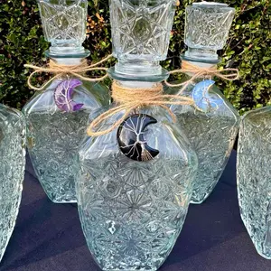 Moon Water Bottles Xtra Large Glass 10" Tall 26  oz Capacity with Removable Crystal Moon Pendant for Rituals & Display