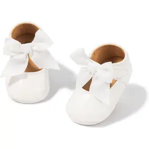 KF5-SK031 Baby Mary Jane Flats for Girls with Bowknot Cotton Anti Skid Sole Infant First Walker Princess Dress Crib Wedding Shoes