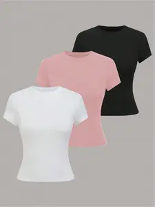 Women's Solid Color Tee, Casual Comfy Round Neck Short Sleeve Basic T-shirt for Daily Wear, Ladies Clothes for Spring & Fall