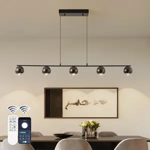 Modern LED Pendant Lights, Dimmable 47in Linear Globe LED Chandelier Lighting, Black & Gold Dining Room Hanging Light Fixtures Kitchen Island 5-Globe Pendant Light for Dining Table (3150lm)