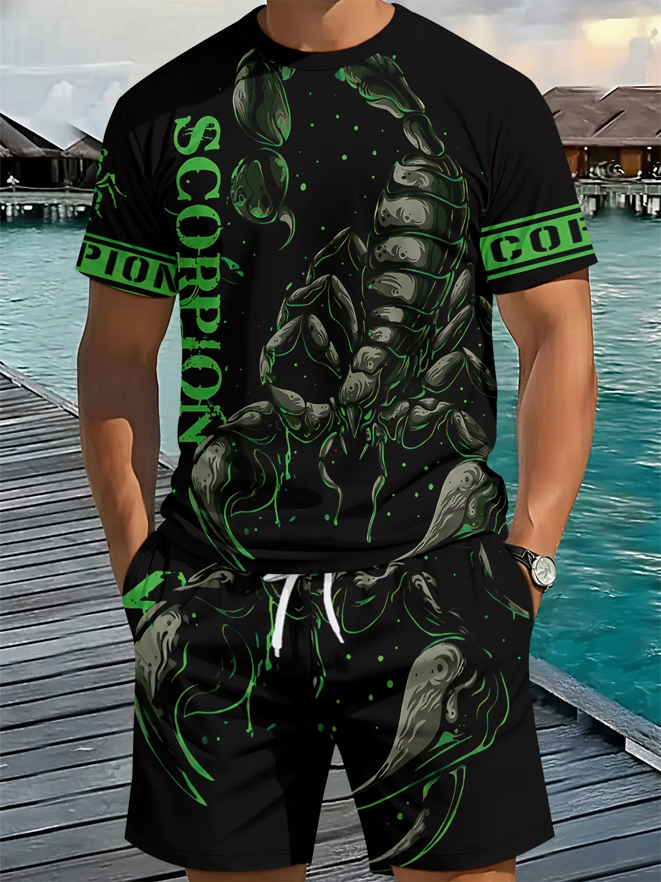 Men's 3D Digital Printed Two-piece Set with Green and Black Scorpion Ink Wash Trendy Casual Pattern, 2 Pieces, Fashion Retro Casual Outfit, Tropical Vacation-style Trendy Wear, Breathable Sports Casual Style, Ideal Holiday Gift for Men