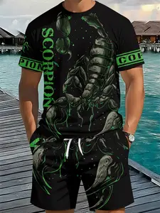Men's 3D Digital Printed Two-piece Set with Green and Black Scorpion Ink Wash Trendy Casual Pattern, 2 Pieces, Fashion Retro Casual Outfit, Tropical Vacation-style Trendy Wear, Breathable Sports Casual Style, Ideal Holiday Gift for Men