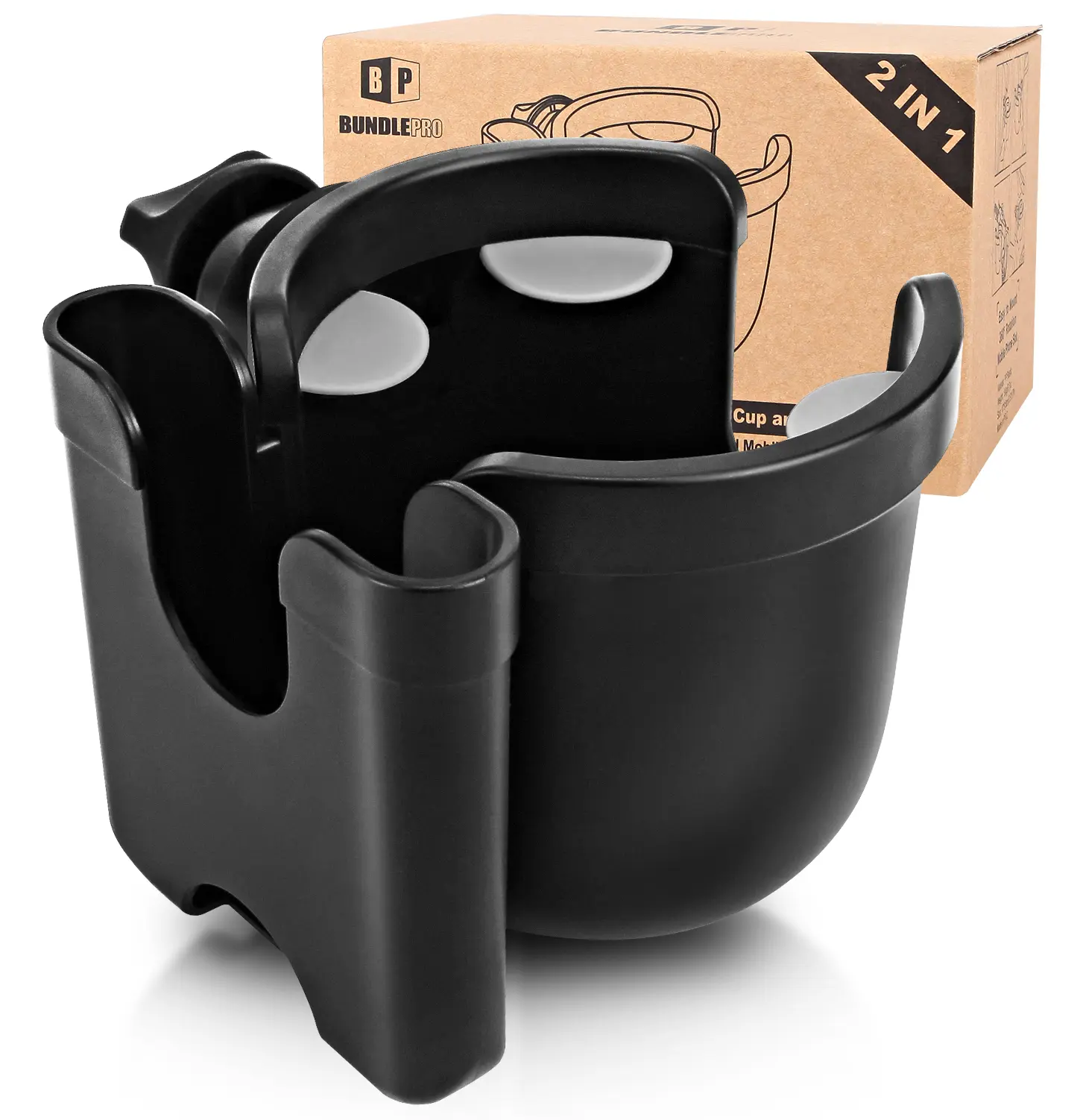 BUNDLEPRO 2-in-1 Universal Stroller Cup Holder with Mobile Phone Storage Rack, 360-Degree Rotatable Drink Holder for Strollers, Bike (Fits Most Cups)