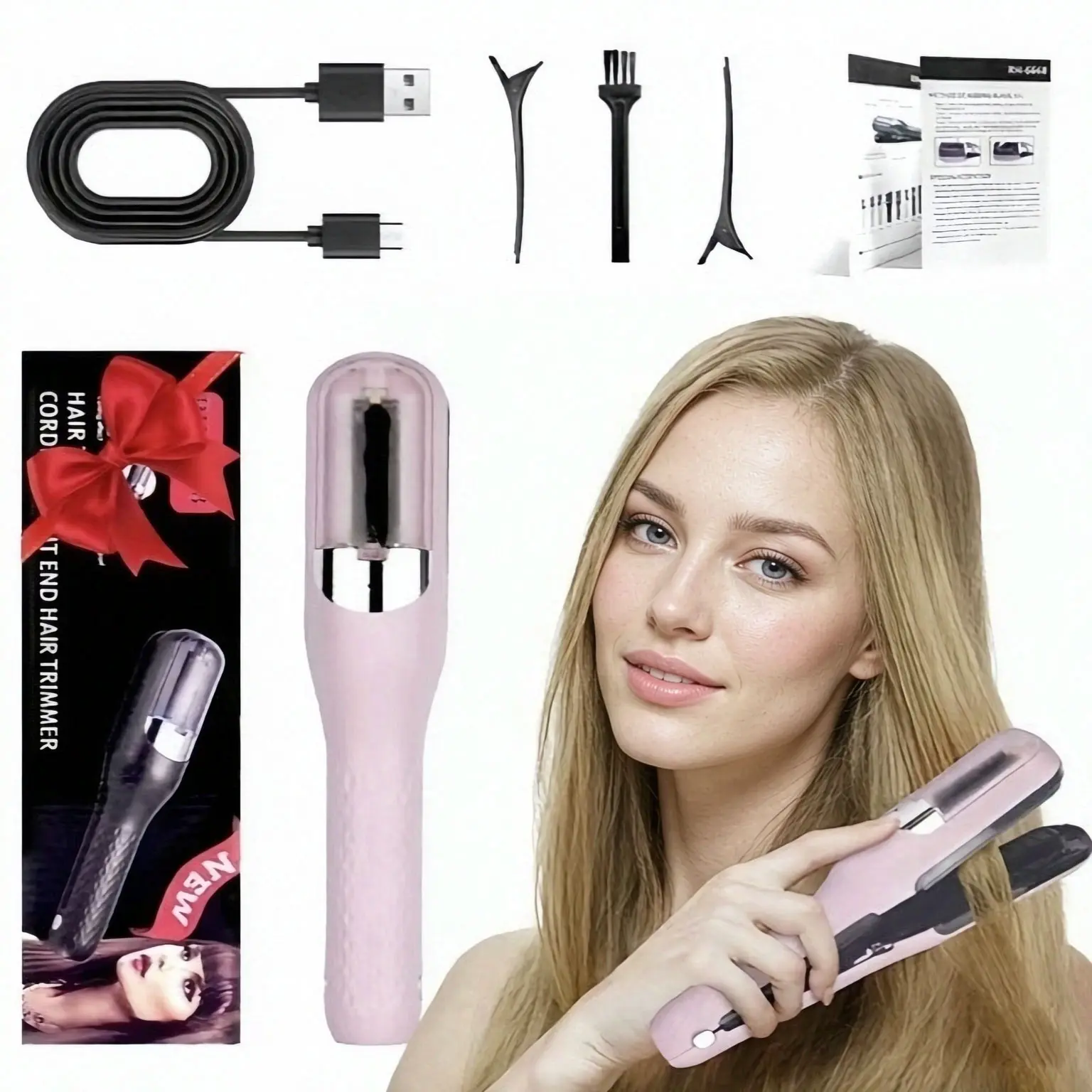 Automatic Electric Hair Clipper - Type-C Rechargeable, Multifunctional Split End Trimmer, Portable Wireless Hair Care Tool with Silicone Cosmetic Brush, Ideal Gift Option