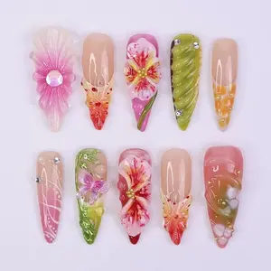 Tropical Hibiscus 3D Press-On Nails, Handmade Floral & Butterfly Accents, Pink Green & Orange Gradient, Elegant Summer Vacation Style, Custom Nail Art, Gifts for Her
