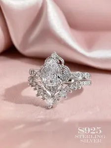 Women's 925 Silver Ring Set, Bridal Engagement Ring, Elegant Floral Design, Artificial Zircon Inlay, Wedding Party Anniversary Gift Box Included