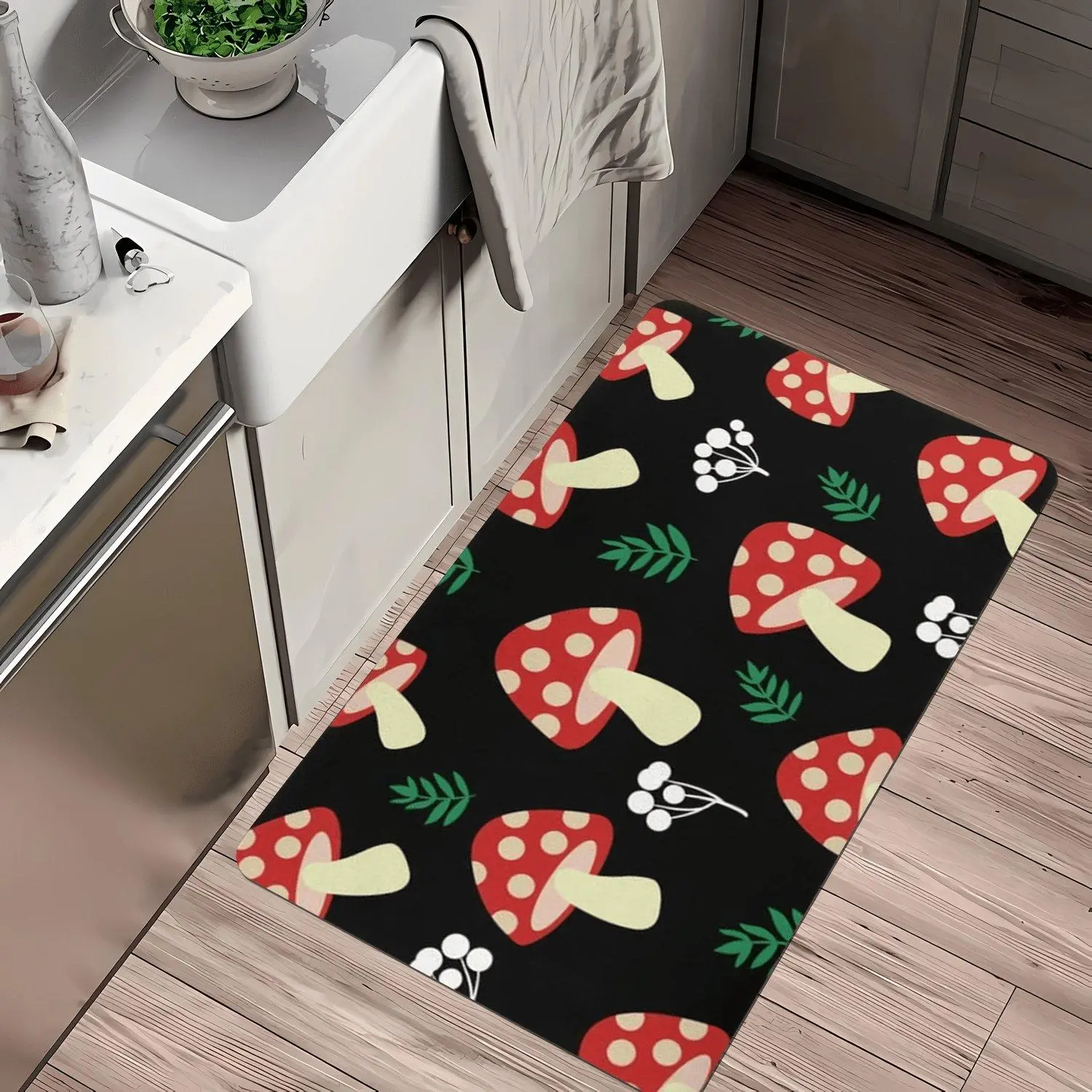 Cute Red Mushroom Print Flannel Non Slip Indoor Kitchen Rug