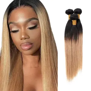 Straight T1B/27 Ombre Honey Blonde Bundle 15A 100% Human Hair Remy Hair Soft Double Weft Hair No Shedding Extension Ombre Black Honey Blonde