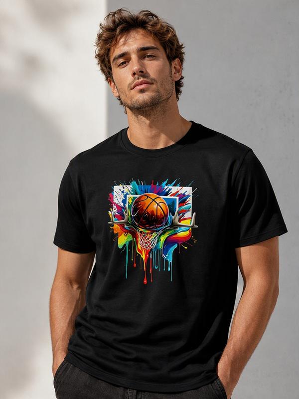 Men's Cotton Fitted Crew Neck Short-Sleeve Graphic T-Shirt - Neon Basketball Hoop, Graffiti, Color Splash Graphics, Streetwear, Cold Wash, Machine Washable Casual Urban Hip Hop Top