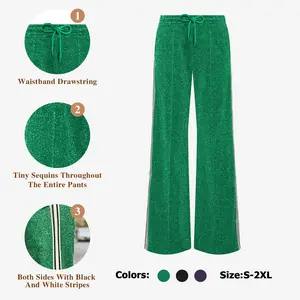 FISOEW Sports Women's Glitter Wide-Leg Sweatpants Elastic Waist Drawstring Pants with Contrast Stripes & Side Pockets Casual Retro Track Pants dark green black  long  pants,Valentine's Day Gift Recommendations