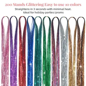 [Buy 1 Get 1 Free]VLASY Sparkling Tinsel Hair Extensions Heat Resistant Synthetic Hairpieces 10 Vibrant Colors for Parties & Events Mix And Match