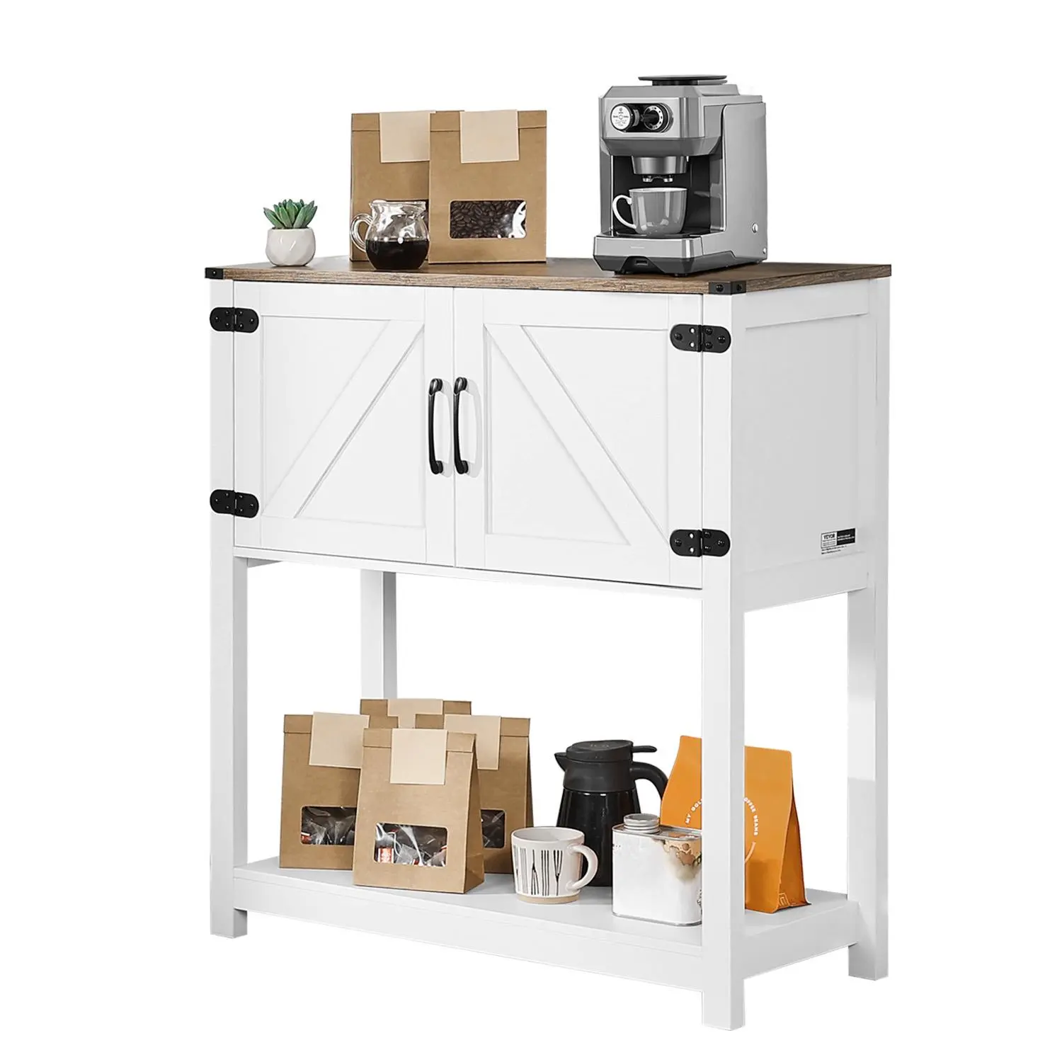 【Summerfinds】VEVOR Sturdy Farmhouse Coffee Bar Cabinet, 3-Tier Coffee Bar Table & Station, Particle Board with Wood Grain & Magnet Doors, Brown White