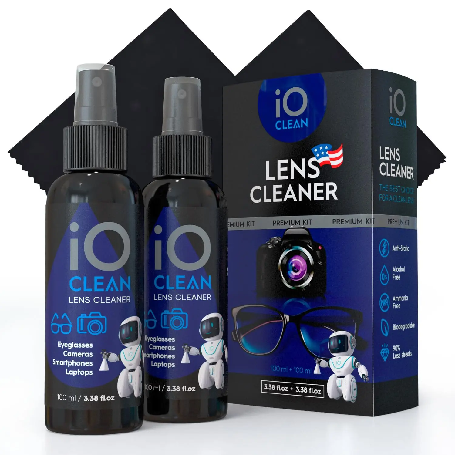 Eyeglass Lens Cleaner (3.38oz+3.38oz+2cloths) – Kit for Glasses, Screens, Camera, Laptops, Touchscreens, Computer Monitors, Other Electronics – 2 Microfiber Cloths Inluded