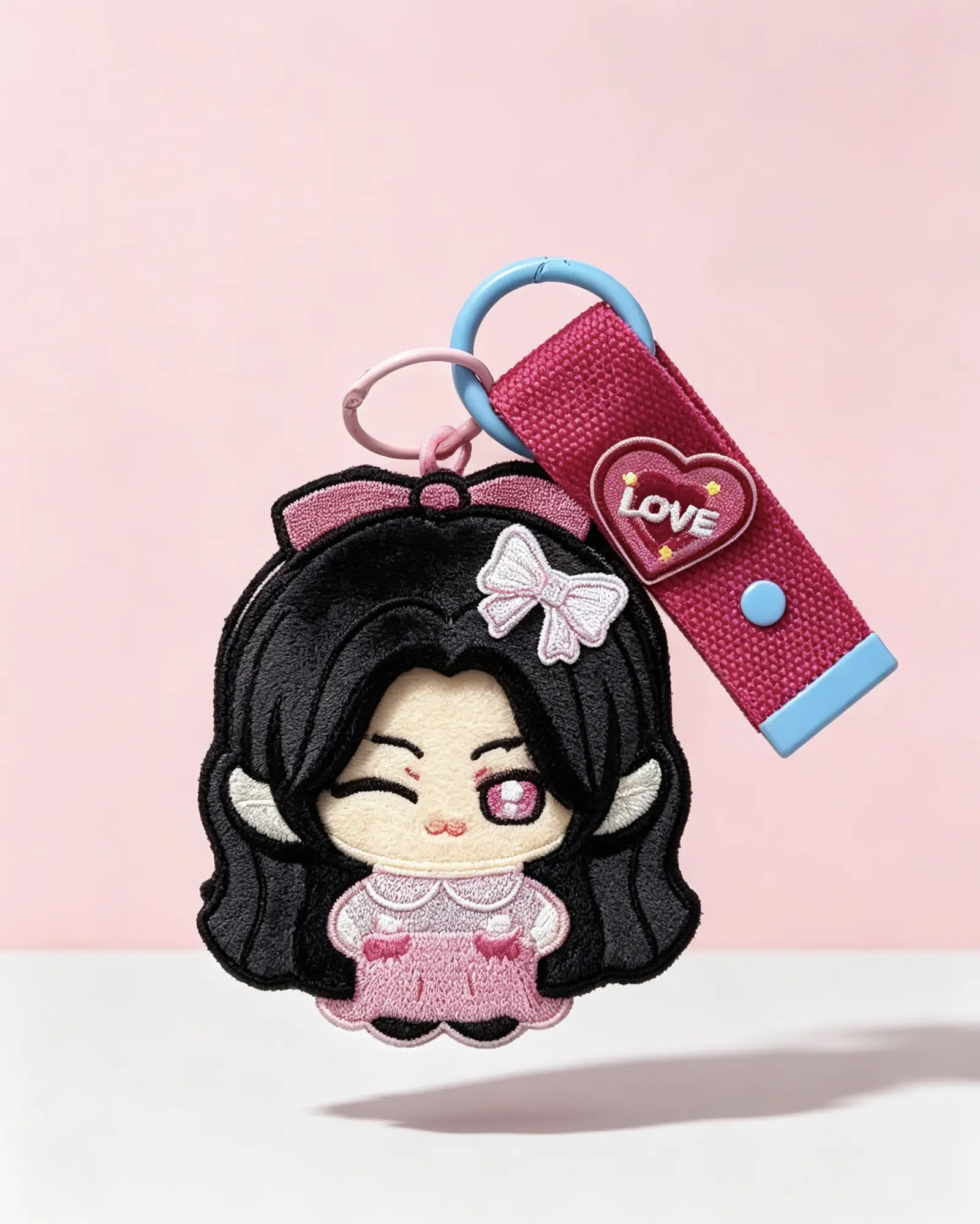 Soft Embroidery Bag Accessory with Heart Design and Pink Bow