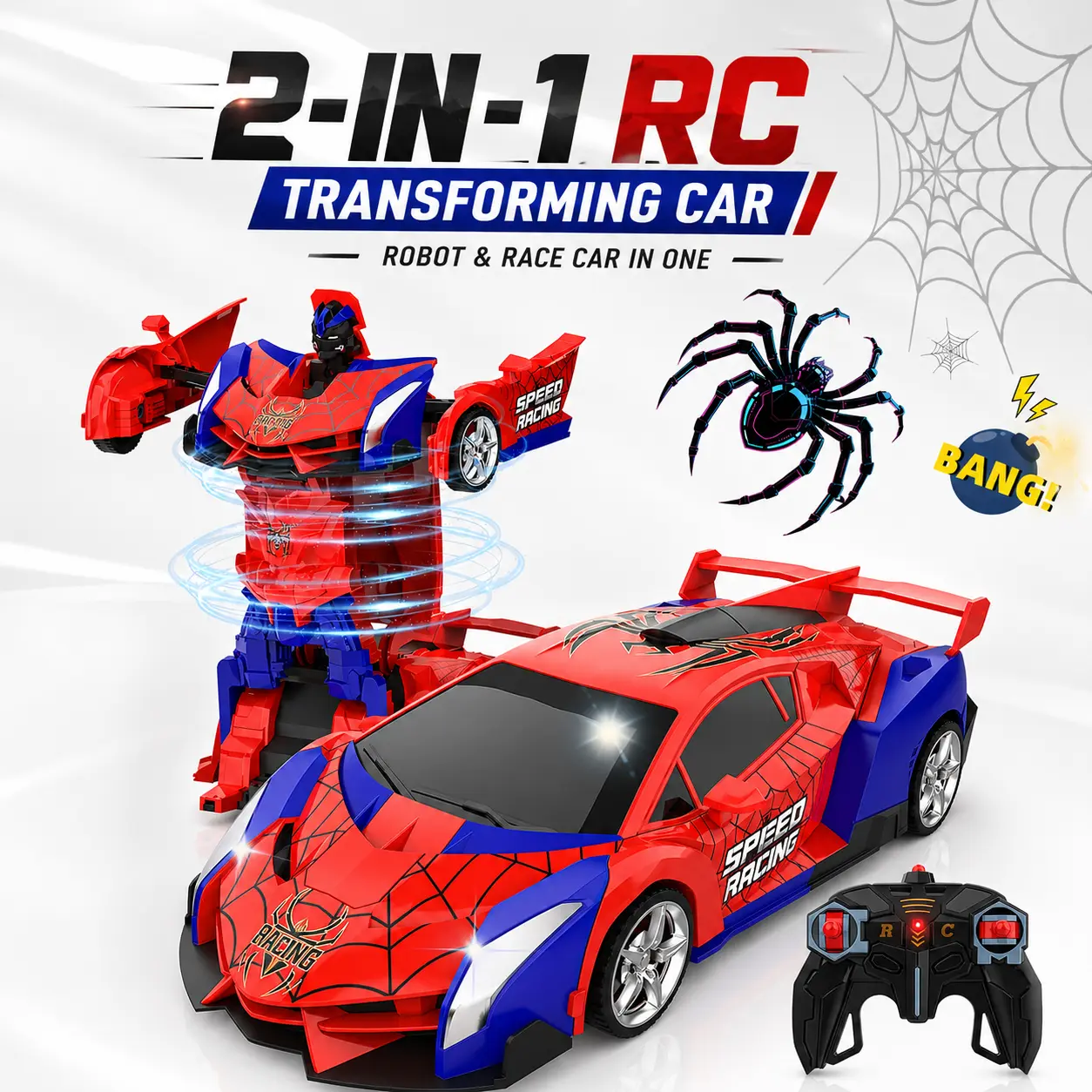 2.4Ghz 1:18 Scale Transformer Fast RC Car Robot Toy for Boys (3-15), 360° Rotation, 24(l)×13(w)×8(h)cm, 400g, Rechargeable Batteries, Durable ABS Plastic, Eye & Underbody Lights, Extended Playtime, Birthday Gift, Transformer Car, Multi‑Car Play