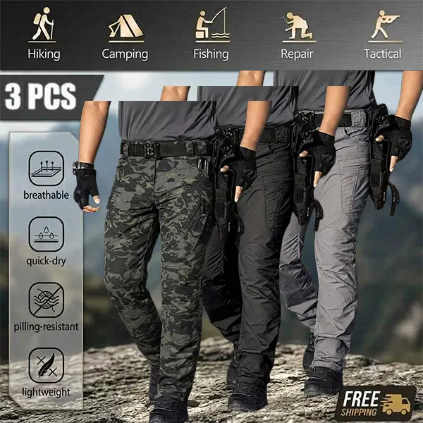 3-Pack Men’s Tactical Pants – Slightly Stretchable Waterproof Fabric, Durable Hard Shell Construction, Wear-Resistant Workwear Pants, Checkered Fabric, Suitable for Hiking, Casual Wear, and Work, Multi-Pocket Design (Belt Not Included)