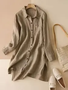 Women's Spring & Fall Plus Size Plain Solid Shirt, Long Sleeve Button Front Slit, Loose Fit Casual Office Commute Top, Versatile Blouse