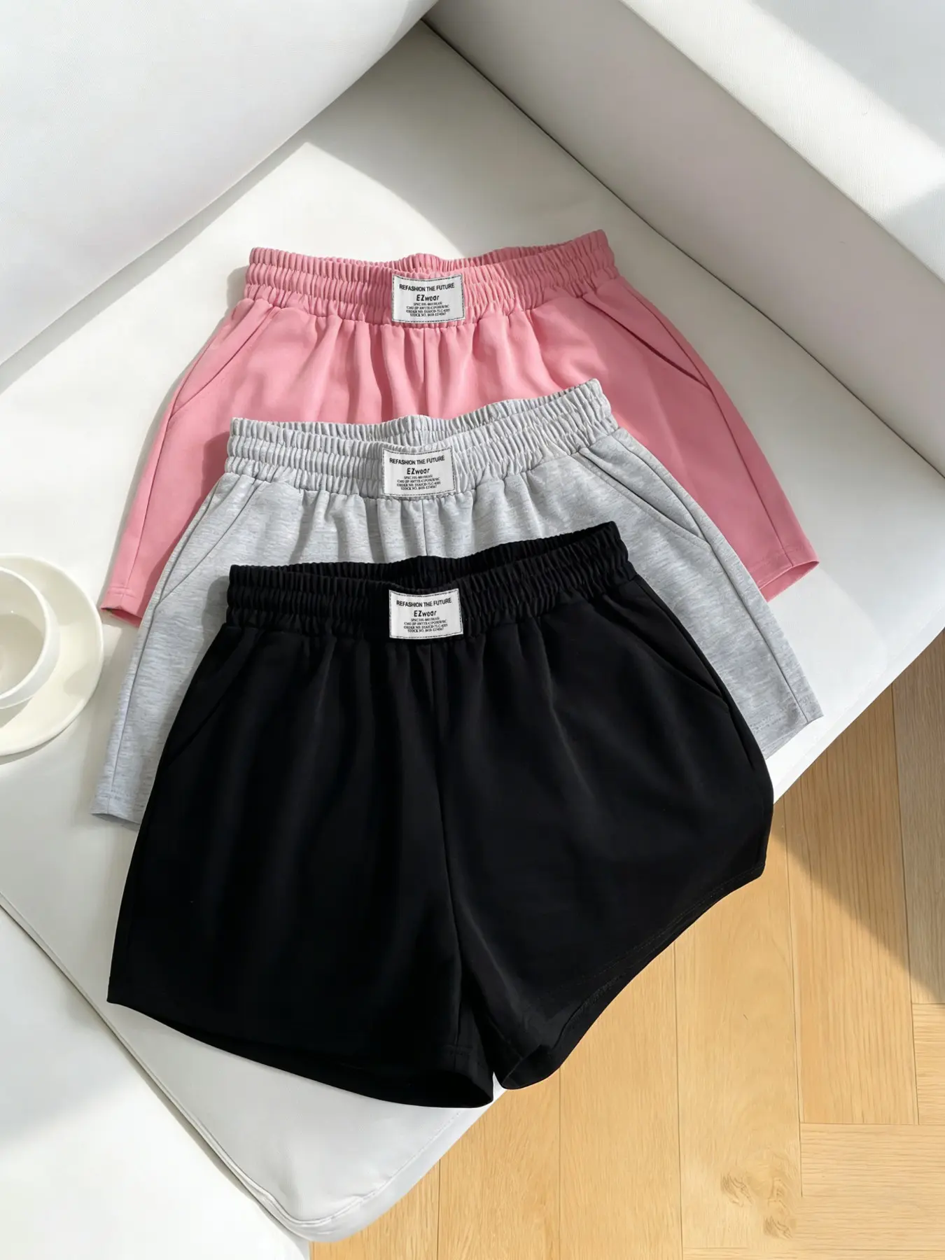 Trendy Comfortable Minimalist Basic 3-Piece Solid Color Women's Casual Loose Fit Elastic Waistband Shorts, Elastic Waist, Perfect for Spring Summer Carnival Activities Womenswear