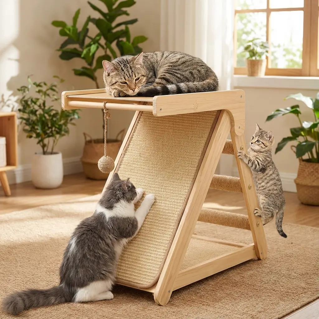 3-Step Solid Wood Cat Climbing Frame - No-Install Multi-Functional Perch with Sisal Scratching Board, Play Ball, Elevated Jumping Platform for Apartment Relaxation