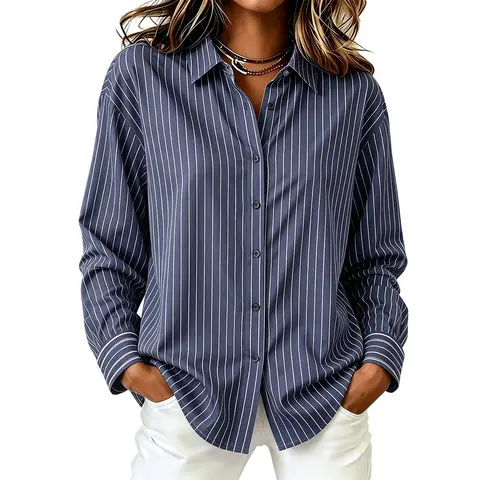 Women’s Elegant Special Edition Striped Print Button-Up Blouse - Long Sleeves, Classic Collar, Button-Up Front, Full-Length Shirt, Light Blue & White Stripe Pattern Blouses & Shirts, Suitable for Office, Formal Events