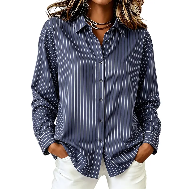 Women’s Elegant Special Edition Striped Print Button-Up Blouse - Long Sleeves, Classic Collar, Button-Up Front, Full-Length Shirt, Light Blue & White Stripe Pattern Blouses & Shirts, Suitable for Office, Formal Events