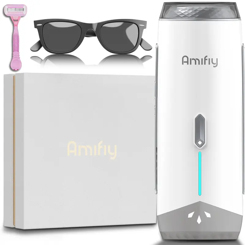 AMIFIY IPL Laser Hair Removal Device - Painless Ice Cooling Care, 3 Customizable Intensity Levels, 2 Treatment Modes, Home Use Kit with Charger & Glasses for Women, Face/Body Razor-Free Shaving Device for Abs
