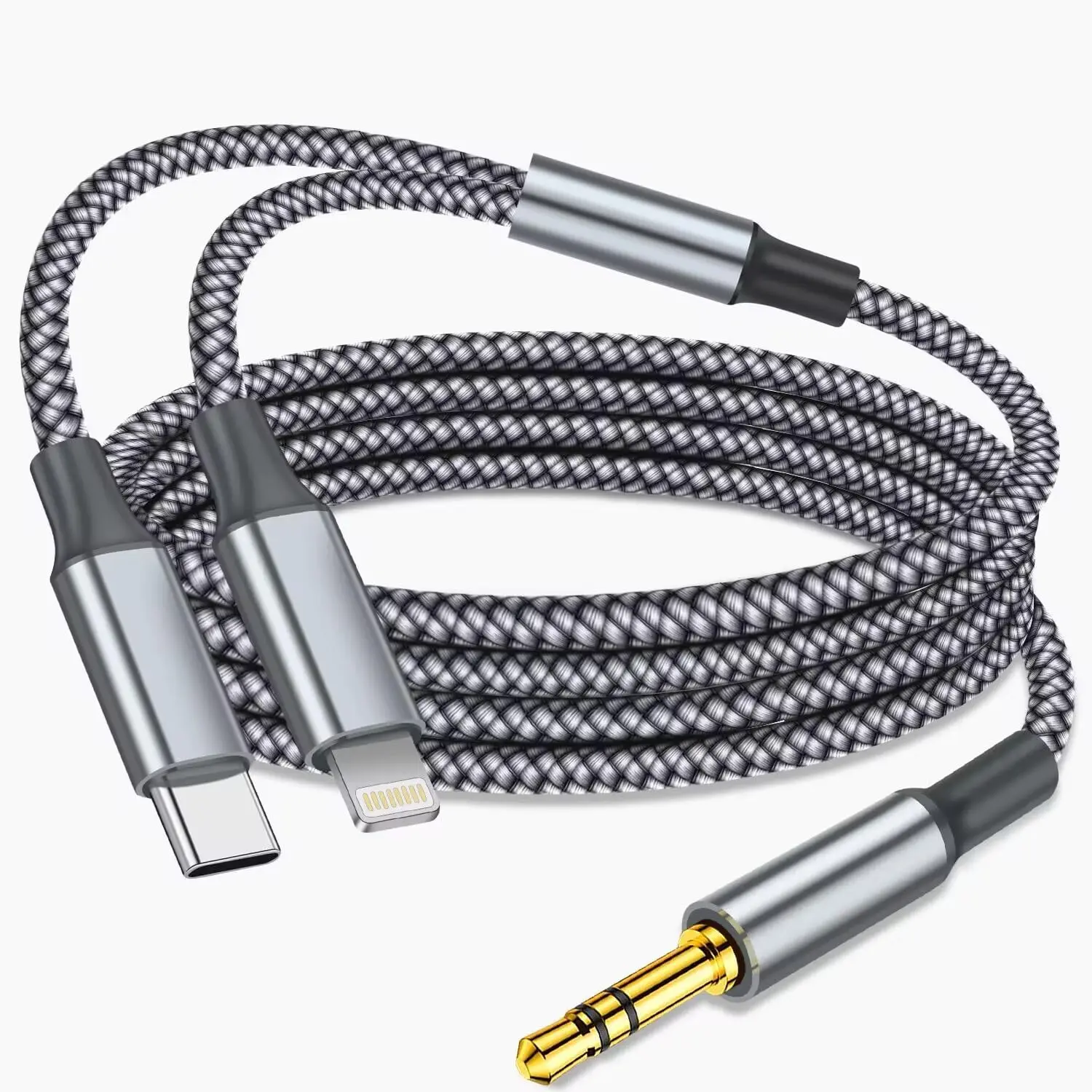 4ft Length MFi Certified 2-in-1 Nylon Braid Dual Port USB C & Lightning to 3.5mm AUX DAC HiFi Audio Cable, Plug & Play for iPhone Series (16/15/14/13), Car Stereo