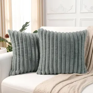 Pack of 2 Decorative Throw Pillow Covers Faux  Plush Pillowcases Soft  Striped 16x16 Inch Pillow Cases for Couch Sofa Living Room   Decoration (Grey)(Cover ONLY)
