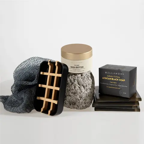 Bellanomi Exfoliate + Nourish Set – Black Soap, Soap Dish, Shea Butter and Exfoliating Net Sponge