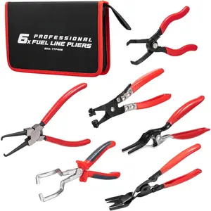 6 pcs Fuel Line Pliers Set, Hose Clamp Plier, Panel Removal Tool, Hose Removal Plier, 30 Degree Push Pin Pliers, 2 pc 9" Electrical Disconnect Tool for Automotive Repair with Storage Bag
