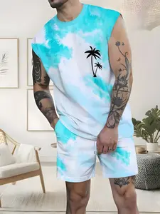 Men's Summer Vacation Vest Shorts Set, Fashionable Printed Breathable Quick-Dry Round Neck Slim-Fit Beachwear, Medium Length Graphic Tee