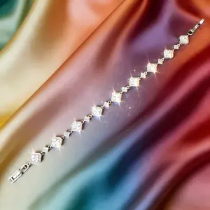 Square Pave Cubic Zirconia Tennis Bracelet | 925 Sterling Silver Plated | Alternating Square Link Crystal Jewelry for Women | Perfect for Everyday Wear & Gifting