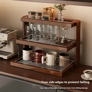 3rd floor wooden coffee bar storage rack, kitchen countertop storage rack, coffee cup display rack, home kitchen cup storage rack