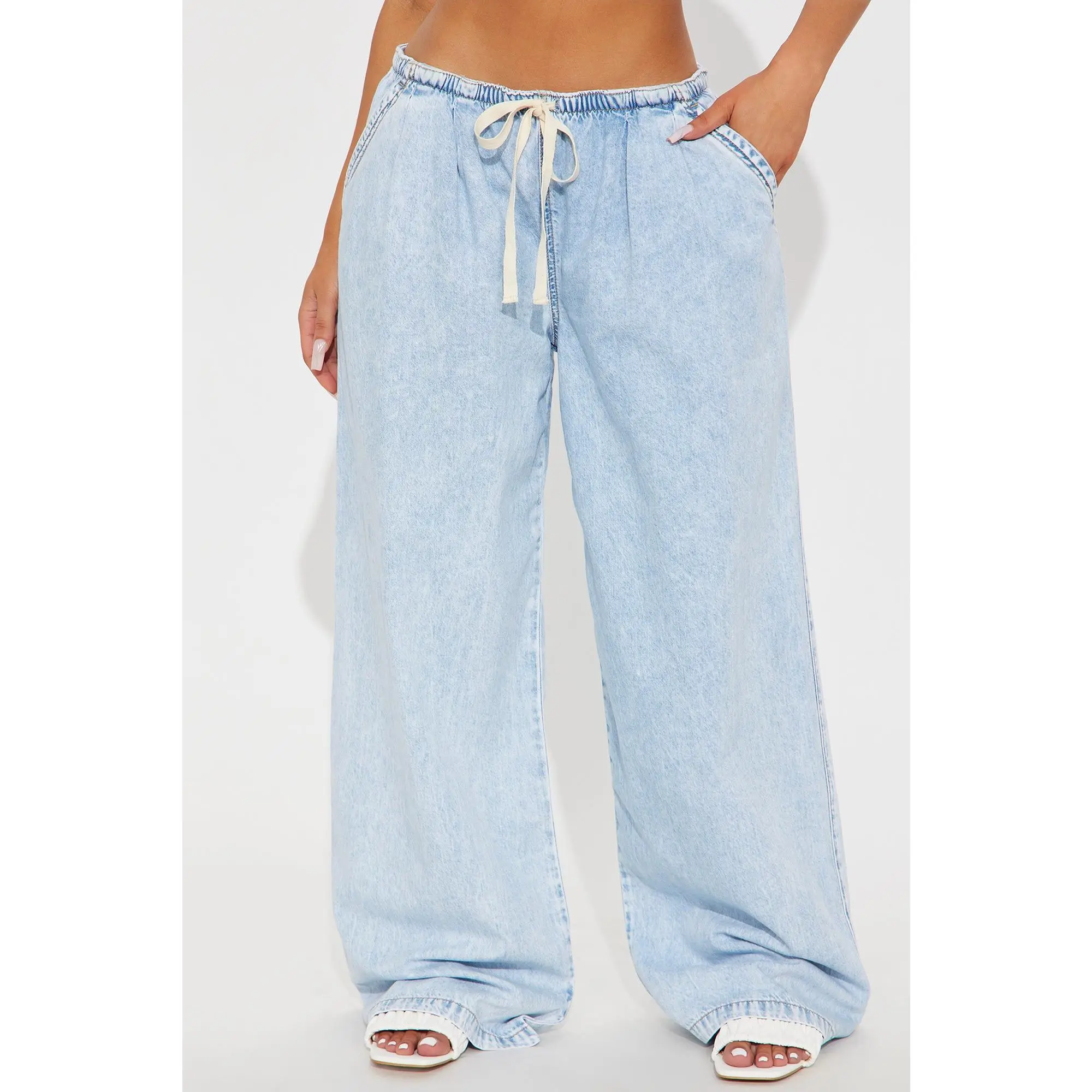 Baeside Tie Waist Wide Leg Jeans - Light Wash