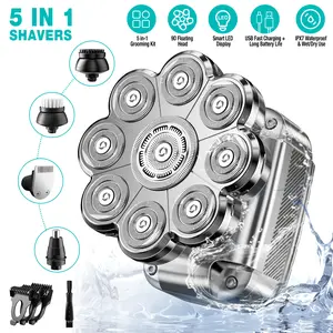 9D Head Shavers for Bald Men, 5 in 1 Detachable Head Shaver with LED Display, IPX7 Waterproof Wet Dry Rechargeable Electric Shavers for Men Grooming Kit for Home & Travel Smooth Daily