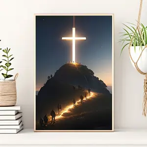 Illuminated Cross on Mountain Canvas Print Poster Religious Theme Durable Waterproof Artwork Unique Creative Wall Decor for Living Room Bedroom Office Dining Room Bar Perfect Gift for Religious Individuals Home Decor Enthusiasts